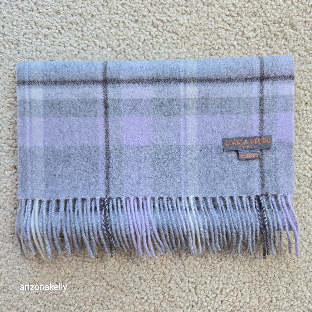 100% Cashmere Fringe Scarf Lavender and Grey Plaid Louisa Perini